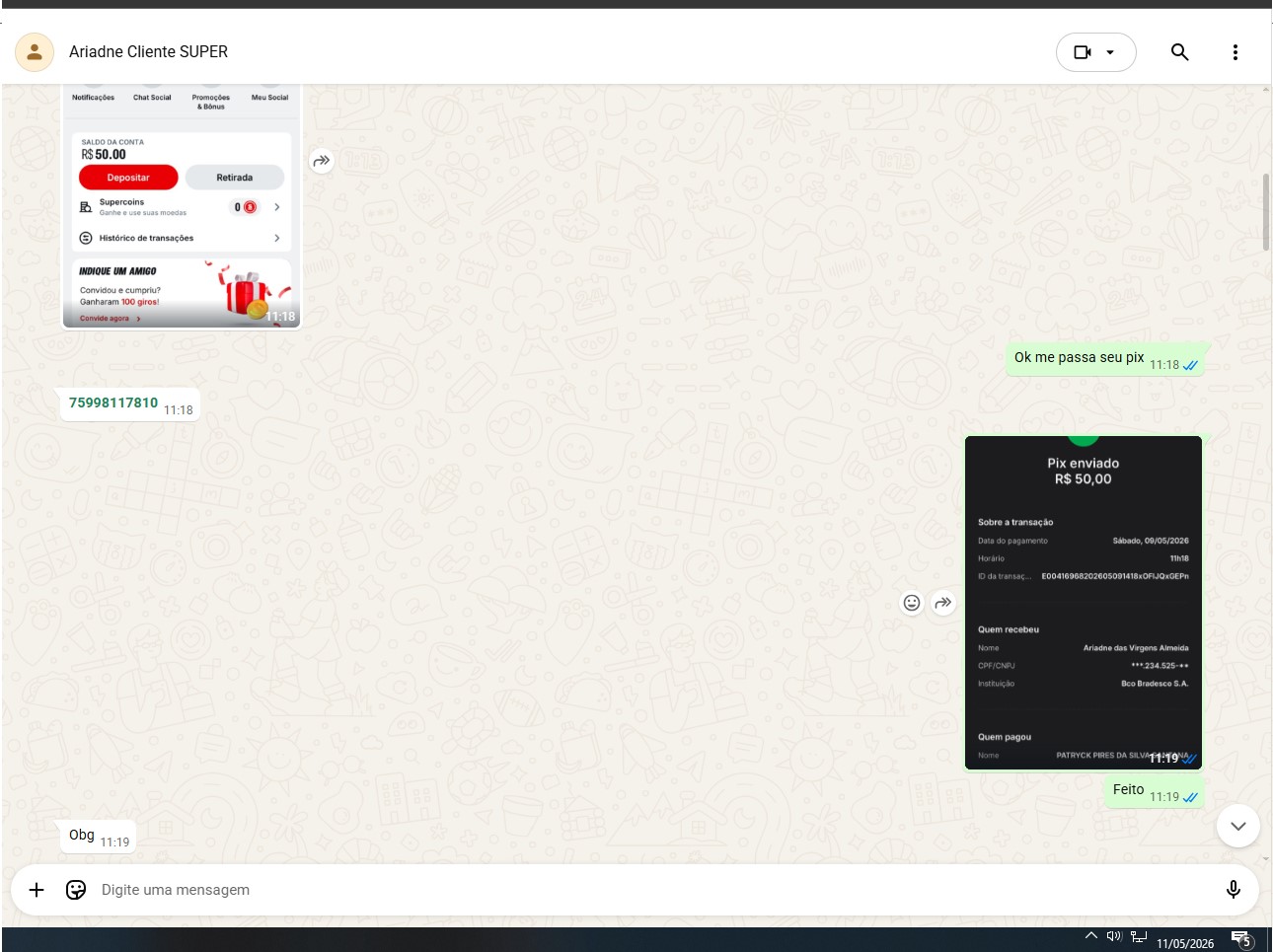 PIX R$50 enviado — cliente Superbet